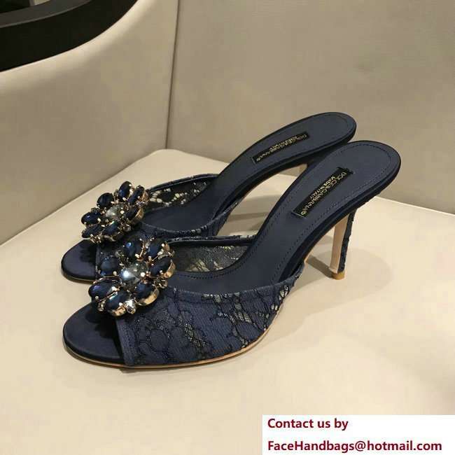 Dolce  &  Gabbana Heel 7cm Slippers Dark Blue In Lace With Crystals 2018